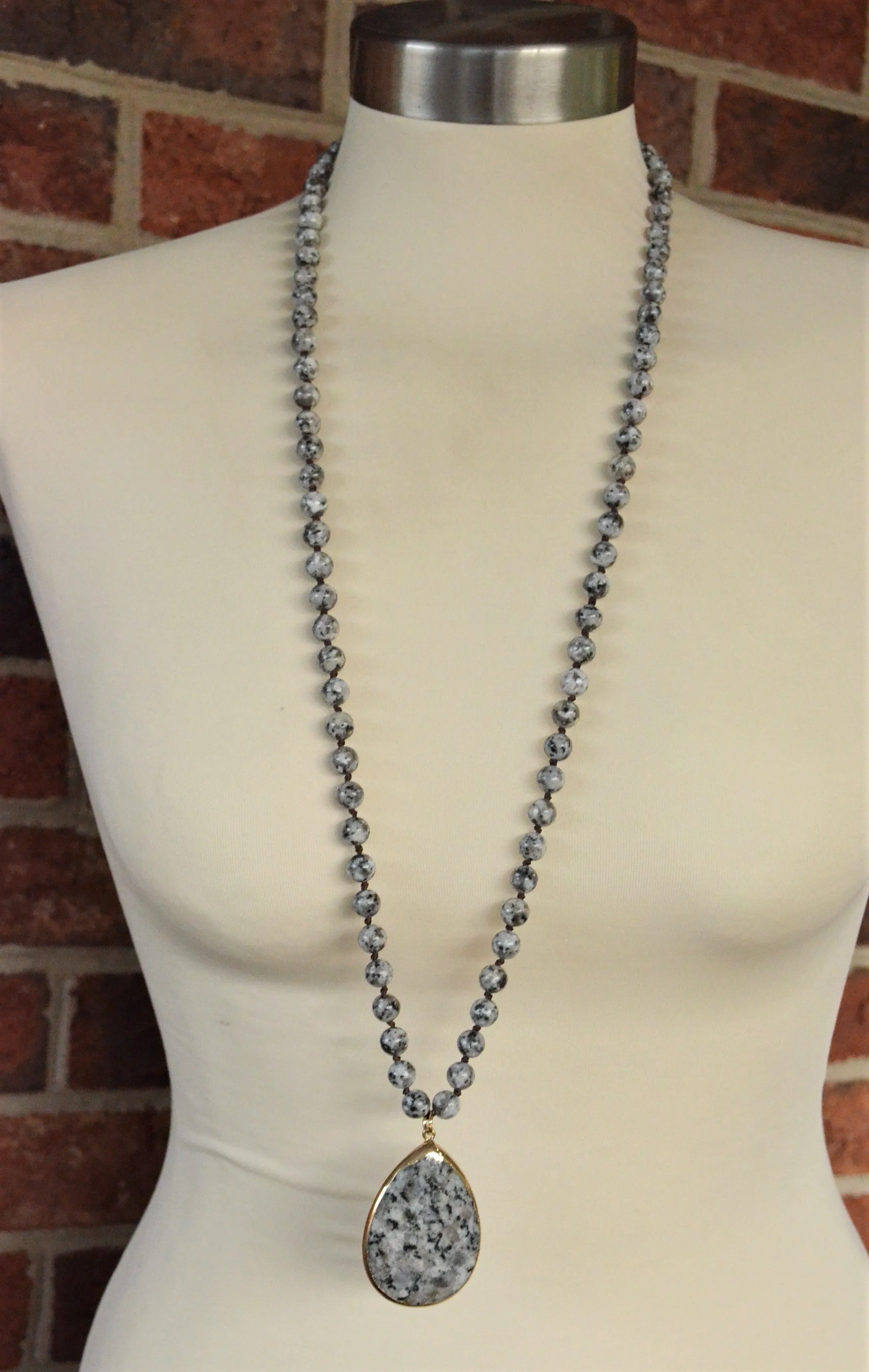 Gray Black Long Jasper Stone Pendant Knotted Bead Statement Necklace - Erin