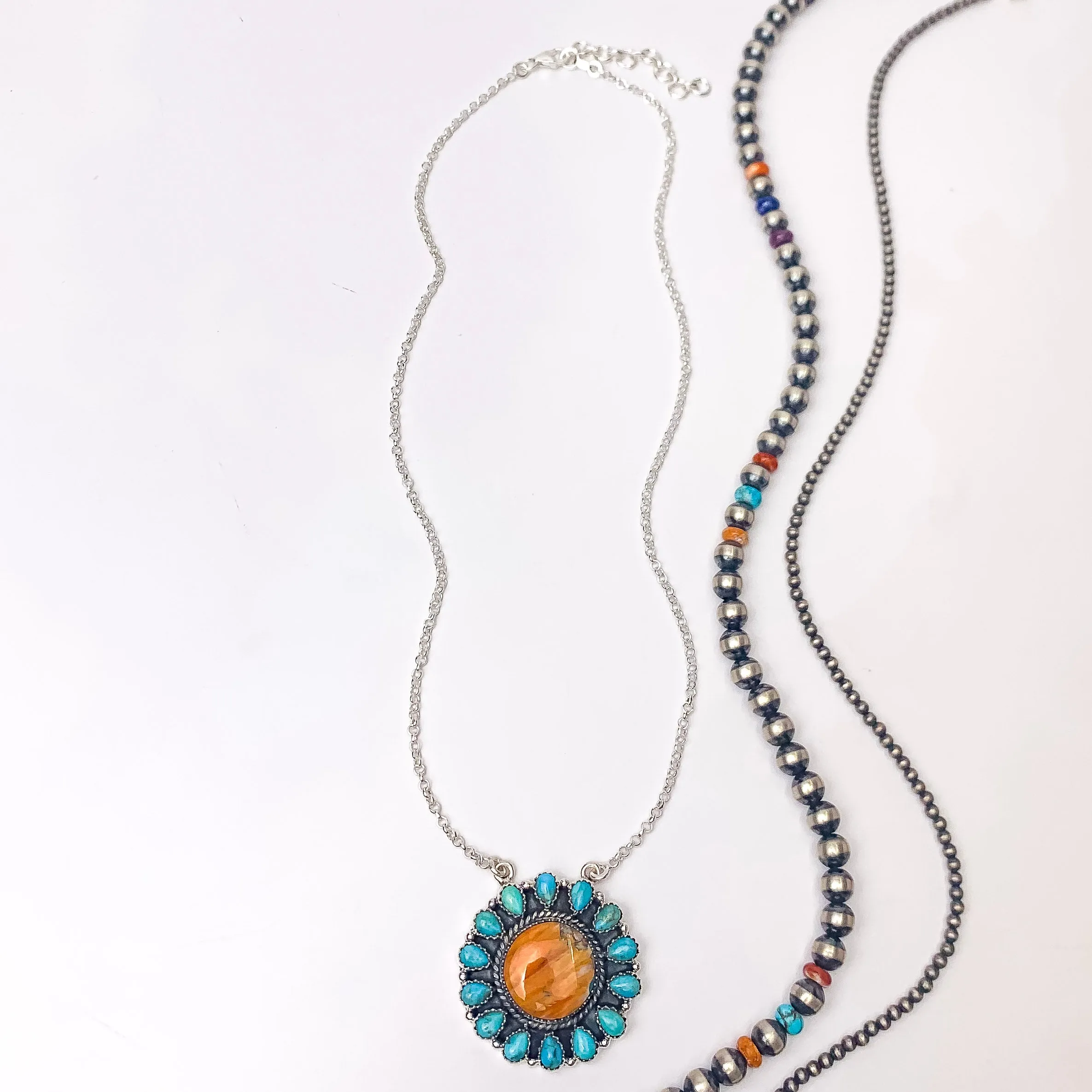 Hada Collection | Handmade Sterling Silver Necklace with Spiny Oyster Center and Turquoise Outline
