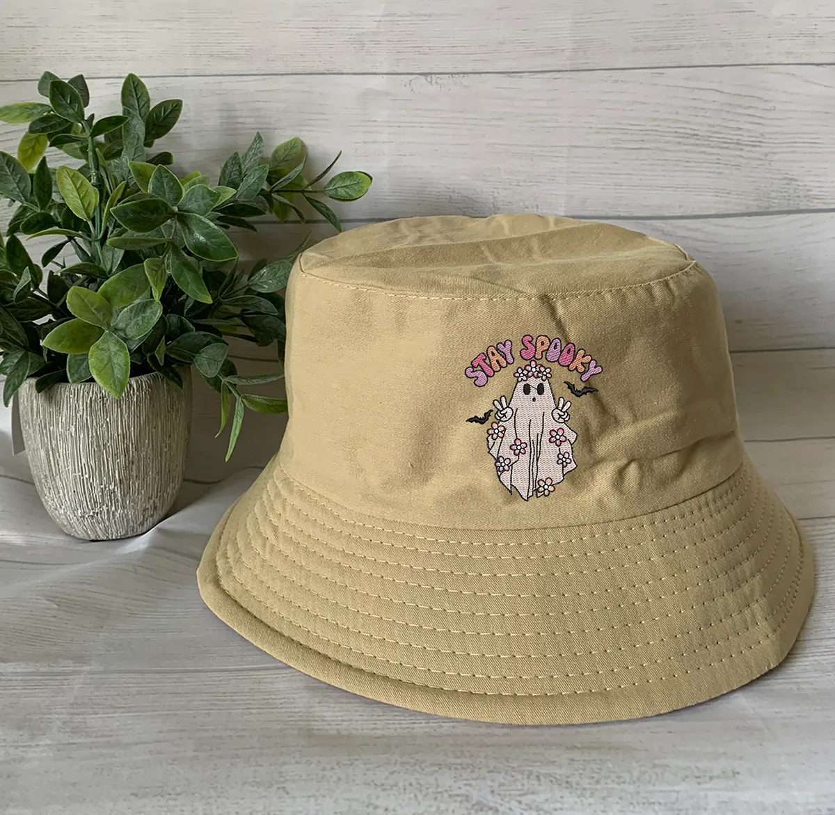 Halloween Embroidery Spooky Flower bucket hat ,Halloween Ghost Bucket Hat  Personalized Embroidery Text/Logo/Artwork/ Custom Bucket Hat, Themed Bucket Hat ,