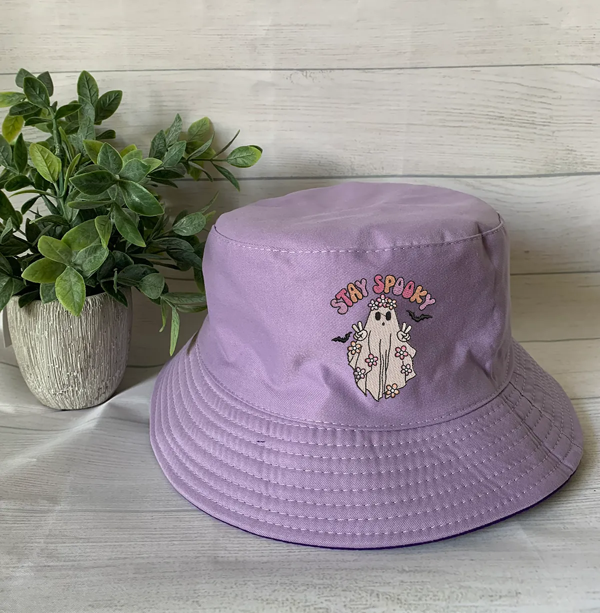 Halloween Embroidery Spooky Flower bucket hat ,Halloween Ghost Bucket Hat  Personalized Embroidery Text/Logo/Artwork/ Custom Bucket Hat, Themed Bucket Hat ,