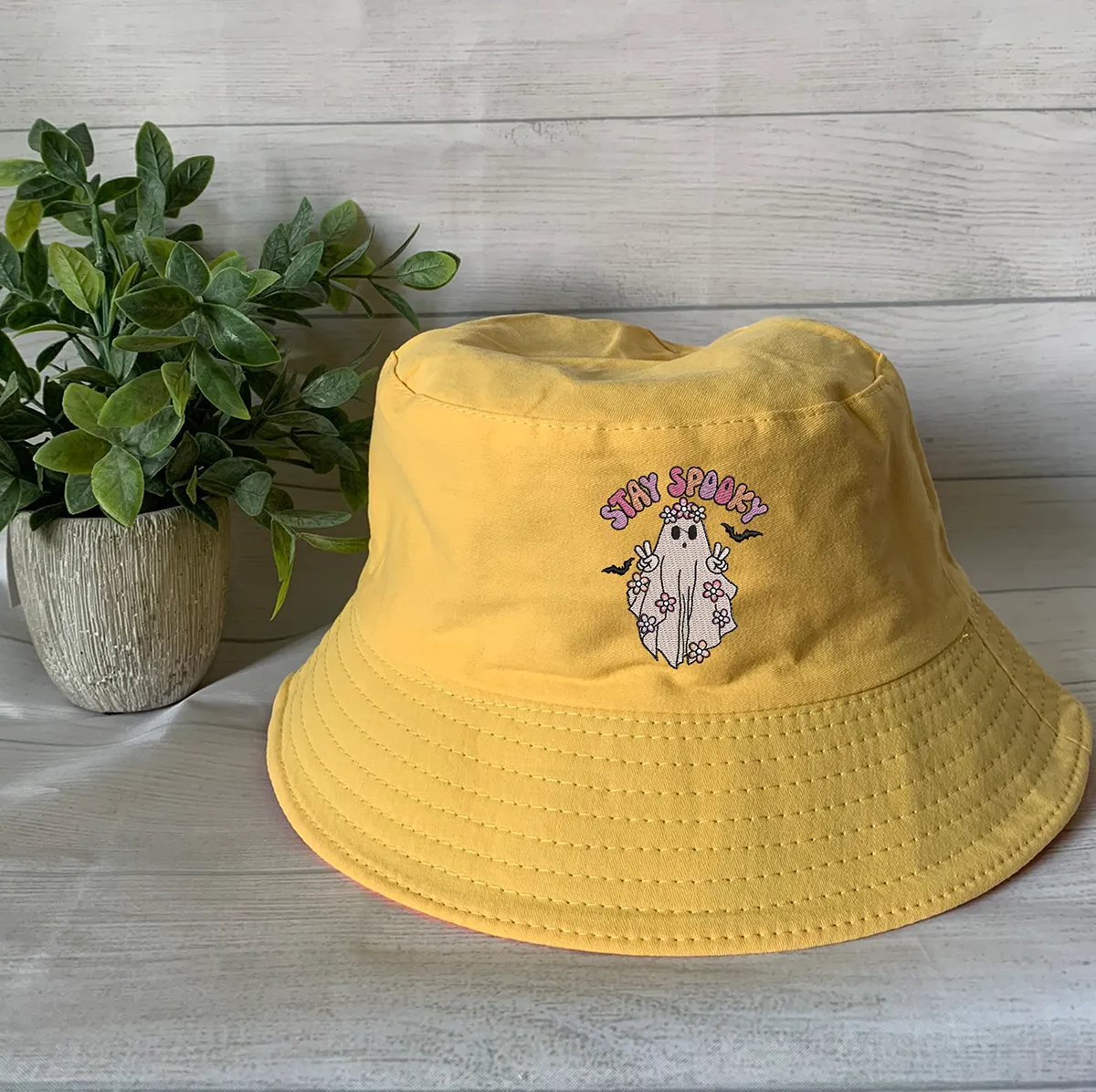 Halloween Embroidery Spooky Flower bucket hat ,Halloween Ghost Bucket Hat  Personalized Embroidery Text/Logo/Artwork/ Custom Bucket Hat, Themed Bucket Hat ,