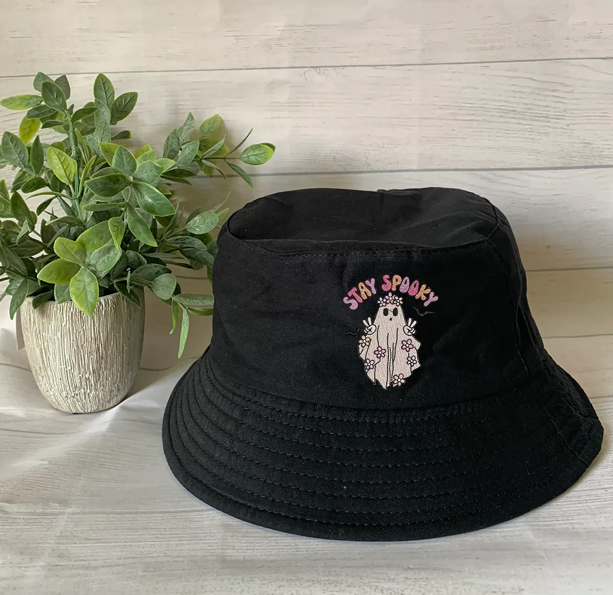 Halloween Embroidery Spooky Flower bucket hat ,Halloween Ghost Bucket Hat  Personalized Embroidery Text/Logo/Artwork/ Custom Bucket Hat, Themed Bucket Hat ,