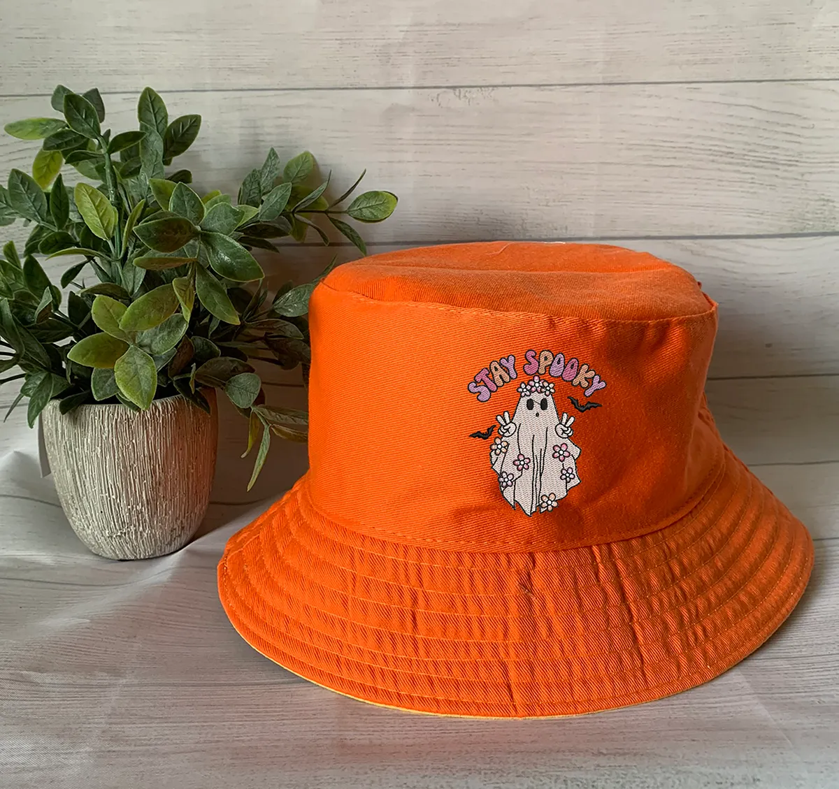 Halloween Embroidery Spooky Flower bucket hat ,Halloween Ghost Bucket Hat  Personalized Embroidery Text/Logo/Artwork/ Custom Bucket Hat, Themed Bucket Hat ,