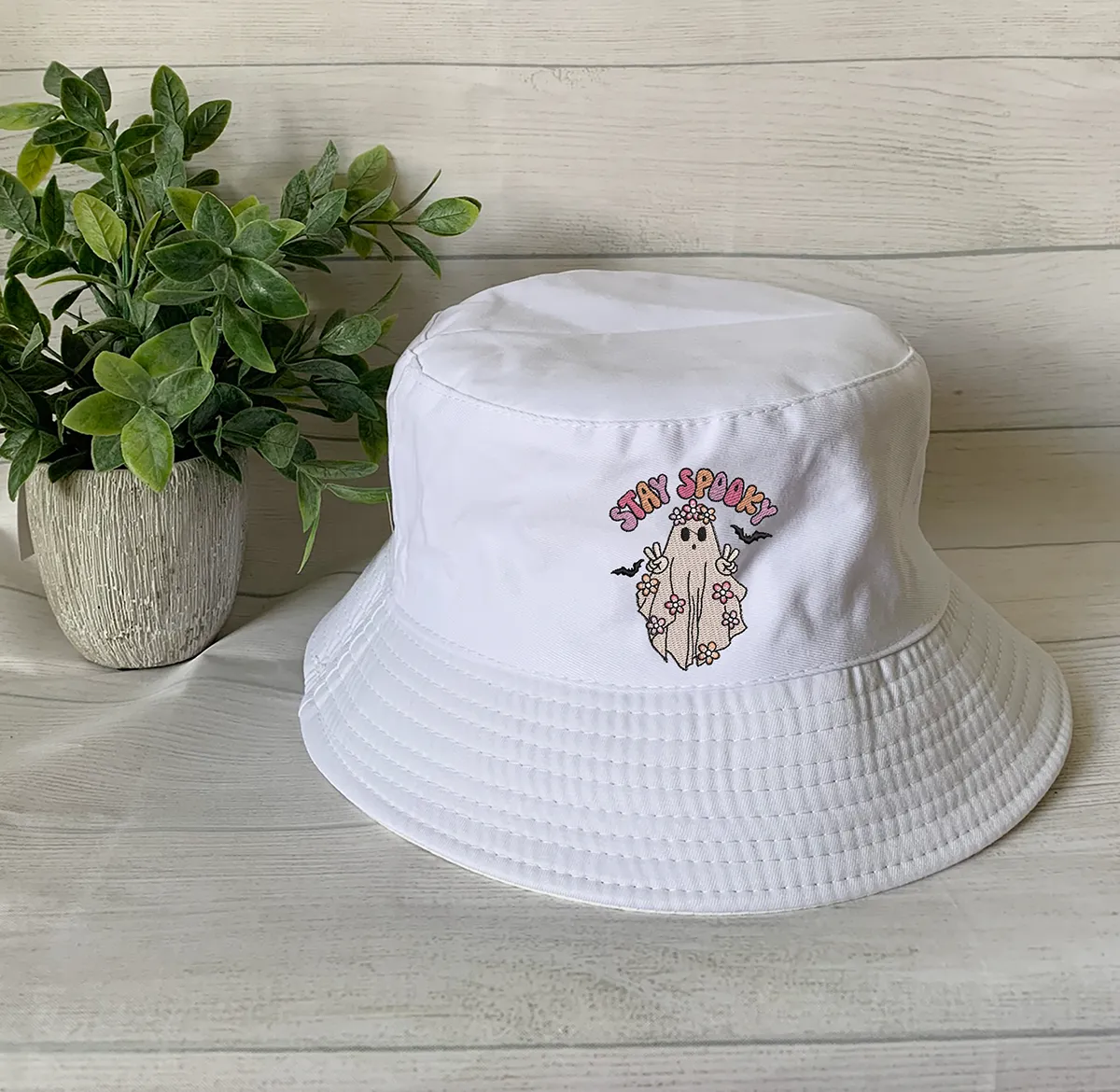 Halloween Embroidery Spooky Flower bucket hat ,Halloween Ghost Bucket Hat  Personalized Embroidery Text/Logo/Artwork/ Custom Bucket Hat, Themed Bucket Hat ,