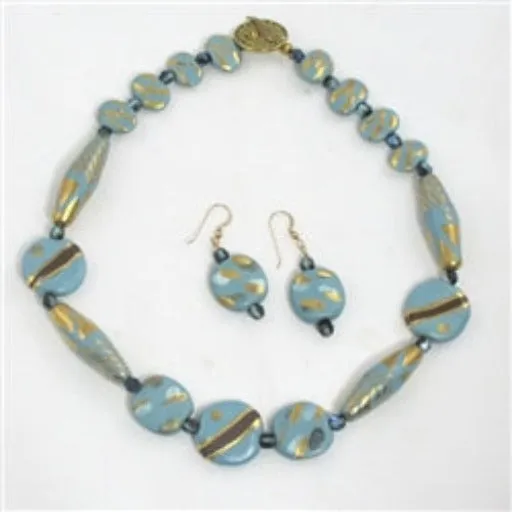 Handmade Kazuri Necklace & Earrings Set in Aqua and Gold