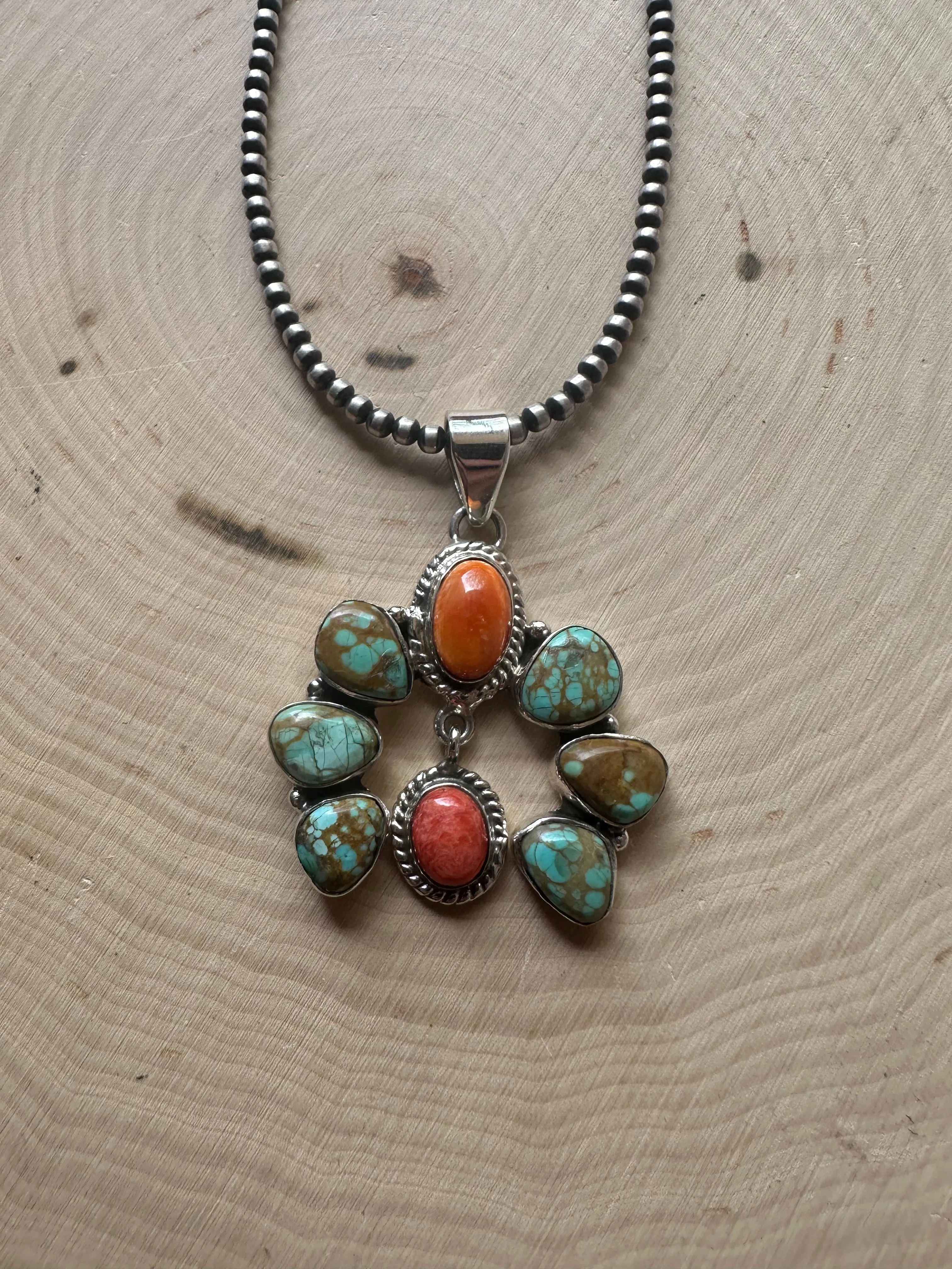 Handmade Turquoise, Orange & Red Spiny & Sterling Silver Naja Pendant Signed Nizhoni