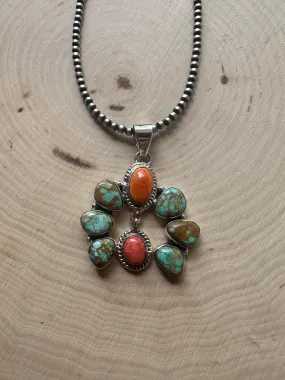 Handmade Turquoise, Orange & Red Spiny & Sterling Silver Naja Pendant Signed Nizhoni