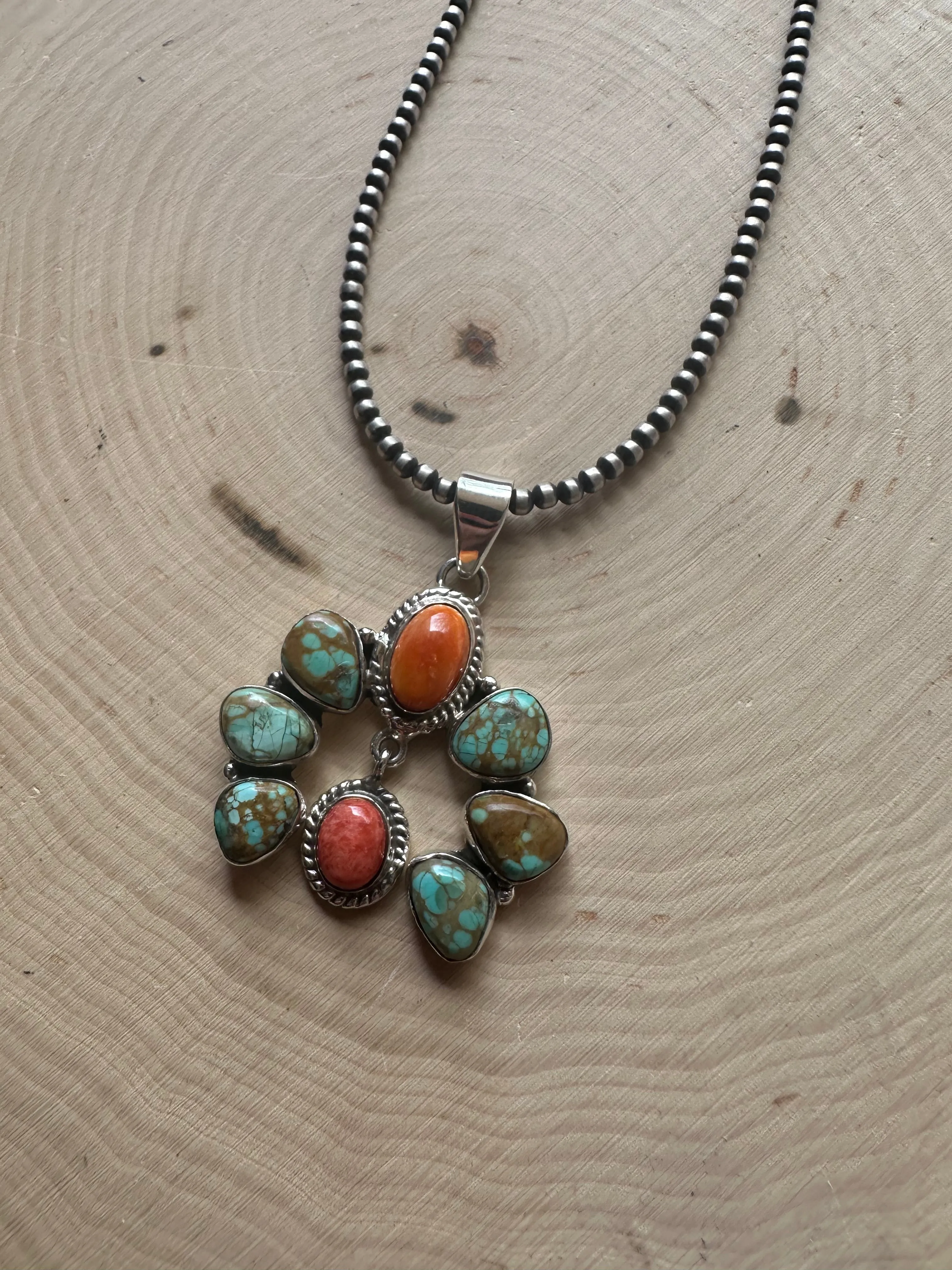 Handmade Turquoise, Orange & Red Spiny & Sterling Silver Naja Pendant Signed Nizhoni
