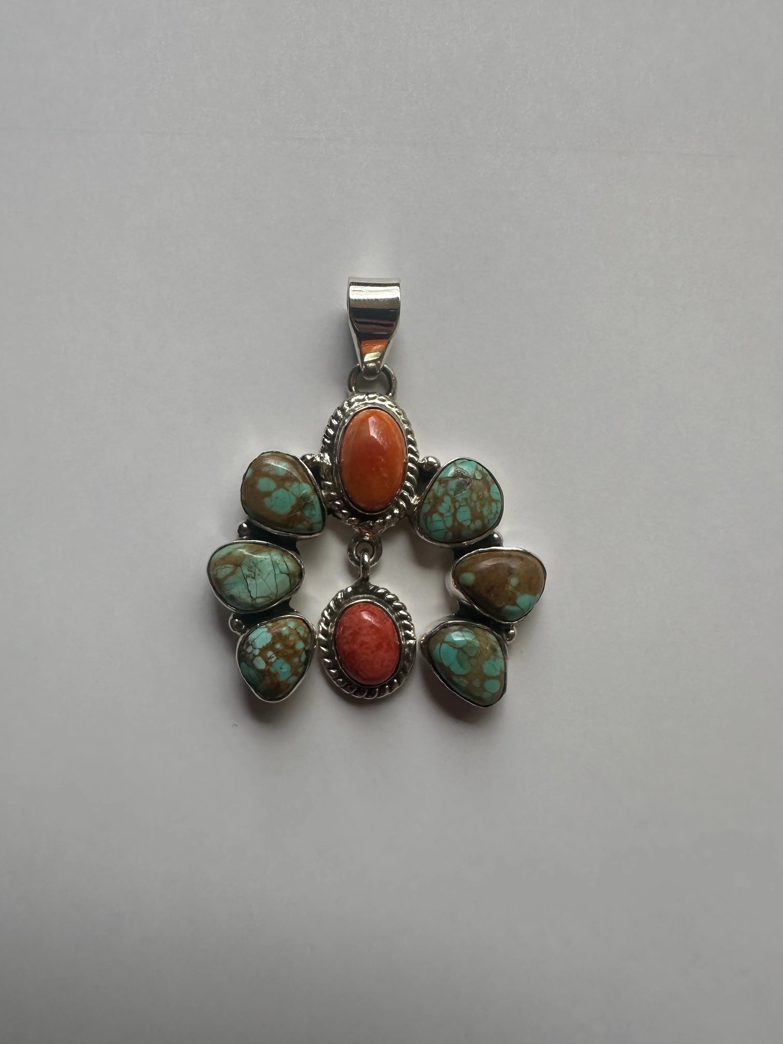 Handmade Turquoise, Orange & Red Spiny & Sterling Silver Naja Pendant Signed Nizhoni