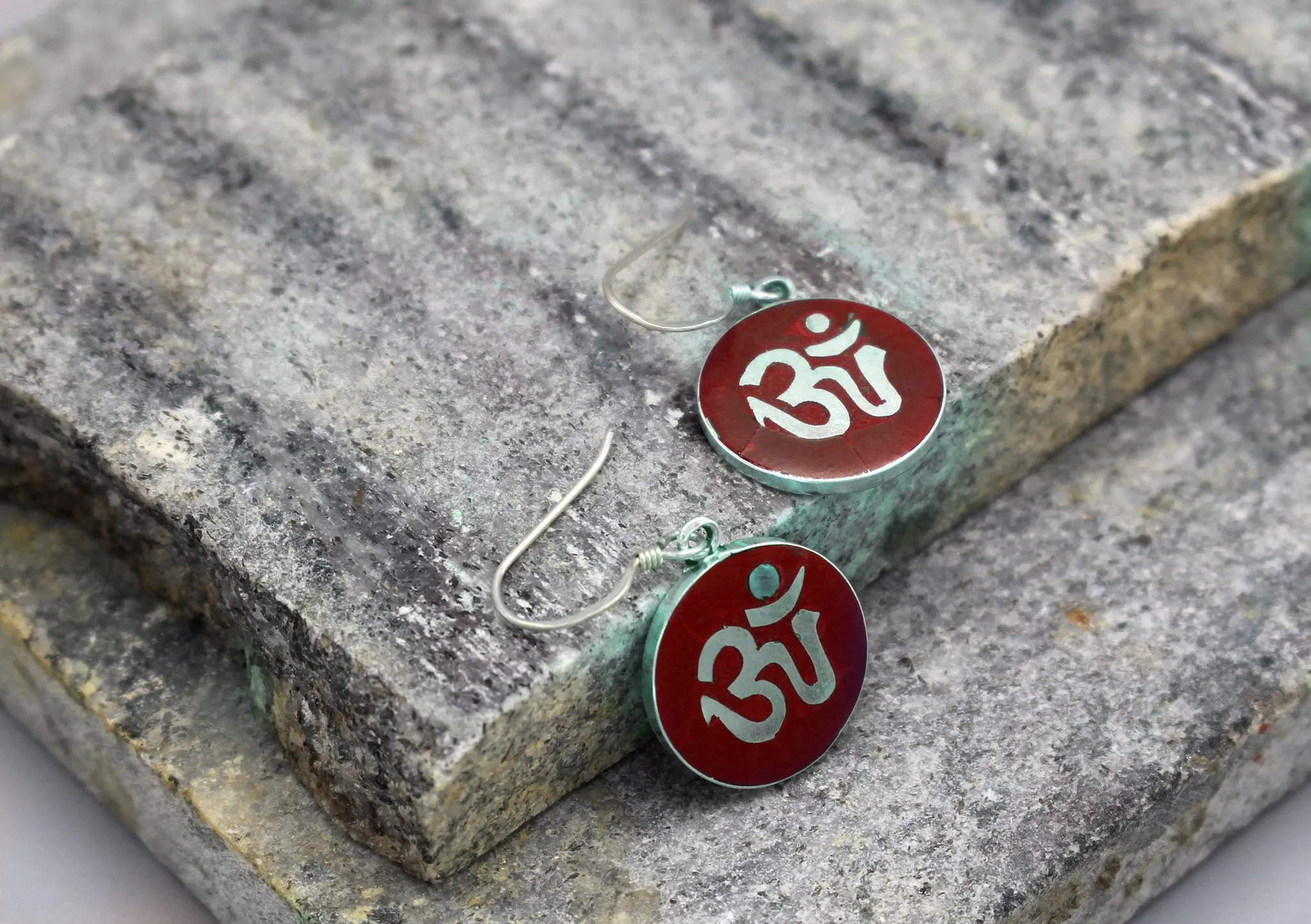Hindu Om Round Sterling Silver Earrings