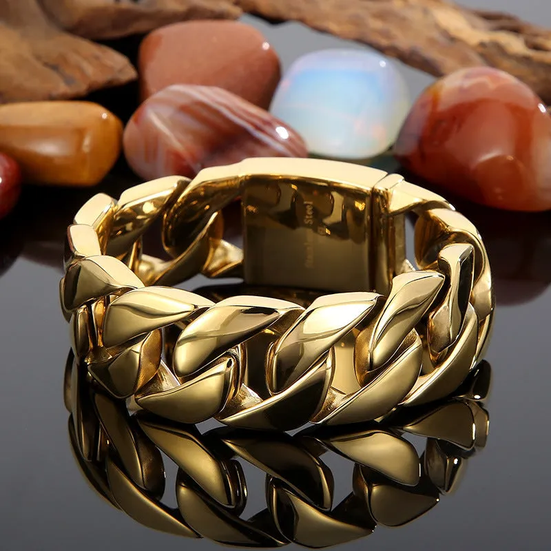 Hip-Hop Inspired Men's Thick Cuban Bracelet in Electroplated 18k Gold Titanium Steel