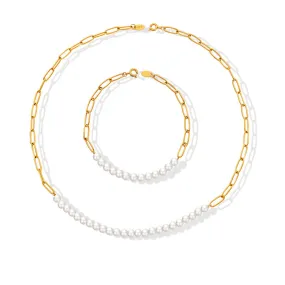 Influencer Paperclip And Pearl Necklace Bracelet Set