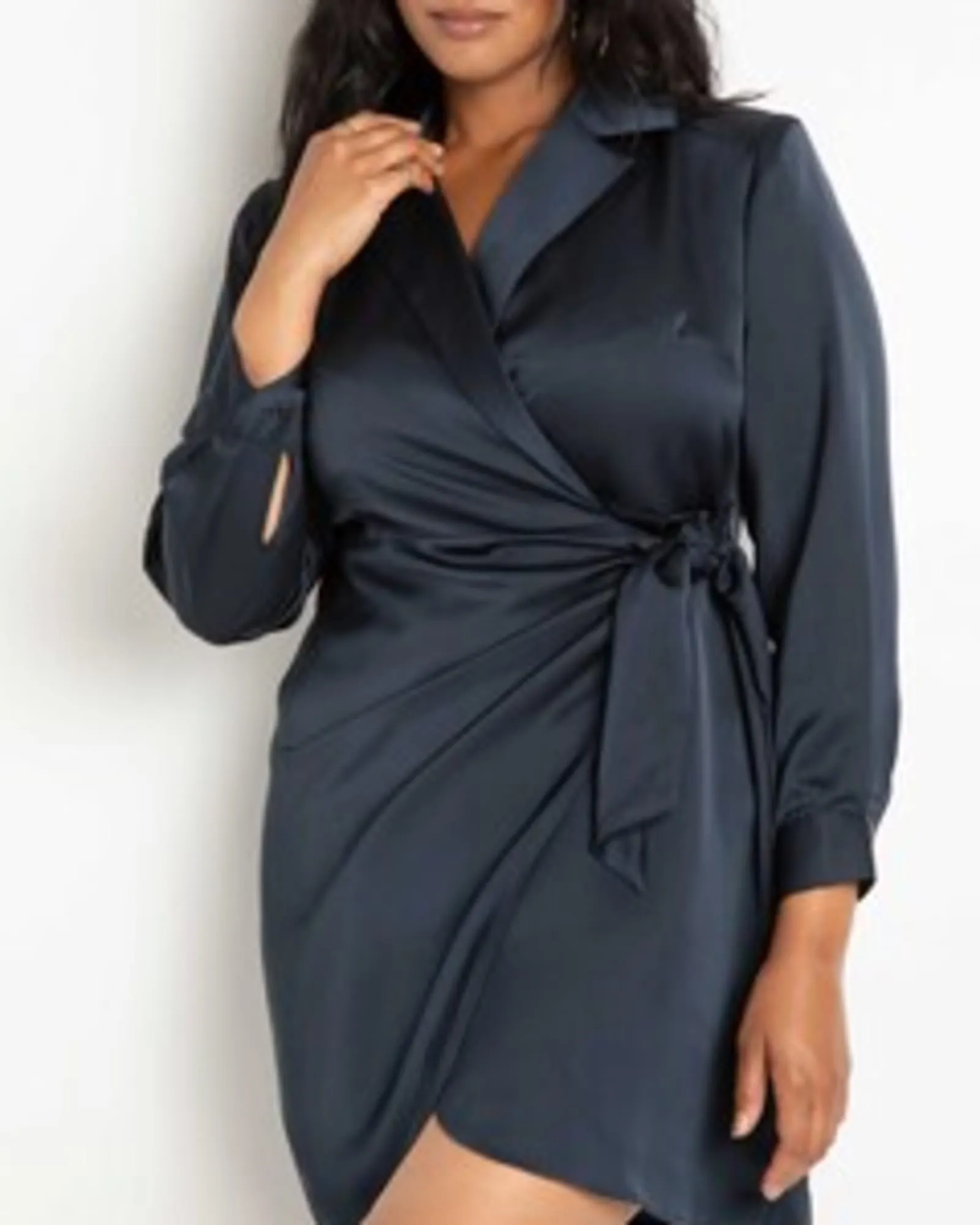 Kit Satin Collared Mini Wrap Dress | Carbon