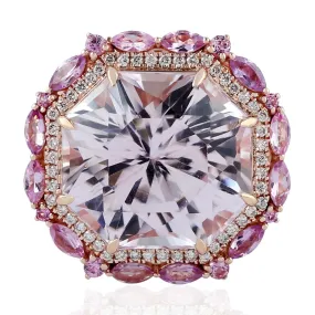 Kunzite Sapphire Diamond 18k Rose Gold Cocktail Ring For Women