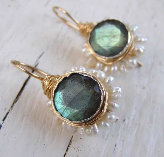 Labradorite  Pearl Flower Earrings in Gold Filled