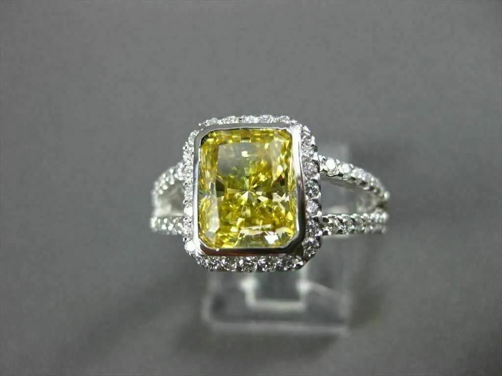 LARGE FANCY YELLOW 14KT WHITE GOLD DIAMOND SPLIT BAND HALO COCKTAIL RING #23052