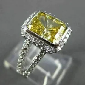 LARGE FANCY YELLOW 14KT WHITE GOLD DIAMOND SPLIT BAND HALO COCKTAIL RING #23052