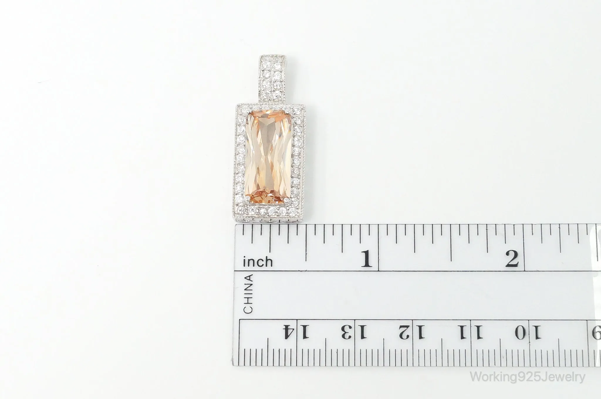Large Vintage Art Deco Citrine Cubic Zirconia Sterling Silver Pendant