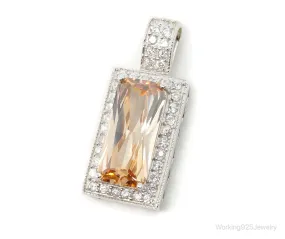 Large Vintage Art Deco Citrine Cubic Zirconia Sterling Silver Pendant