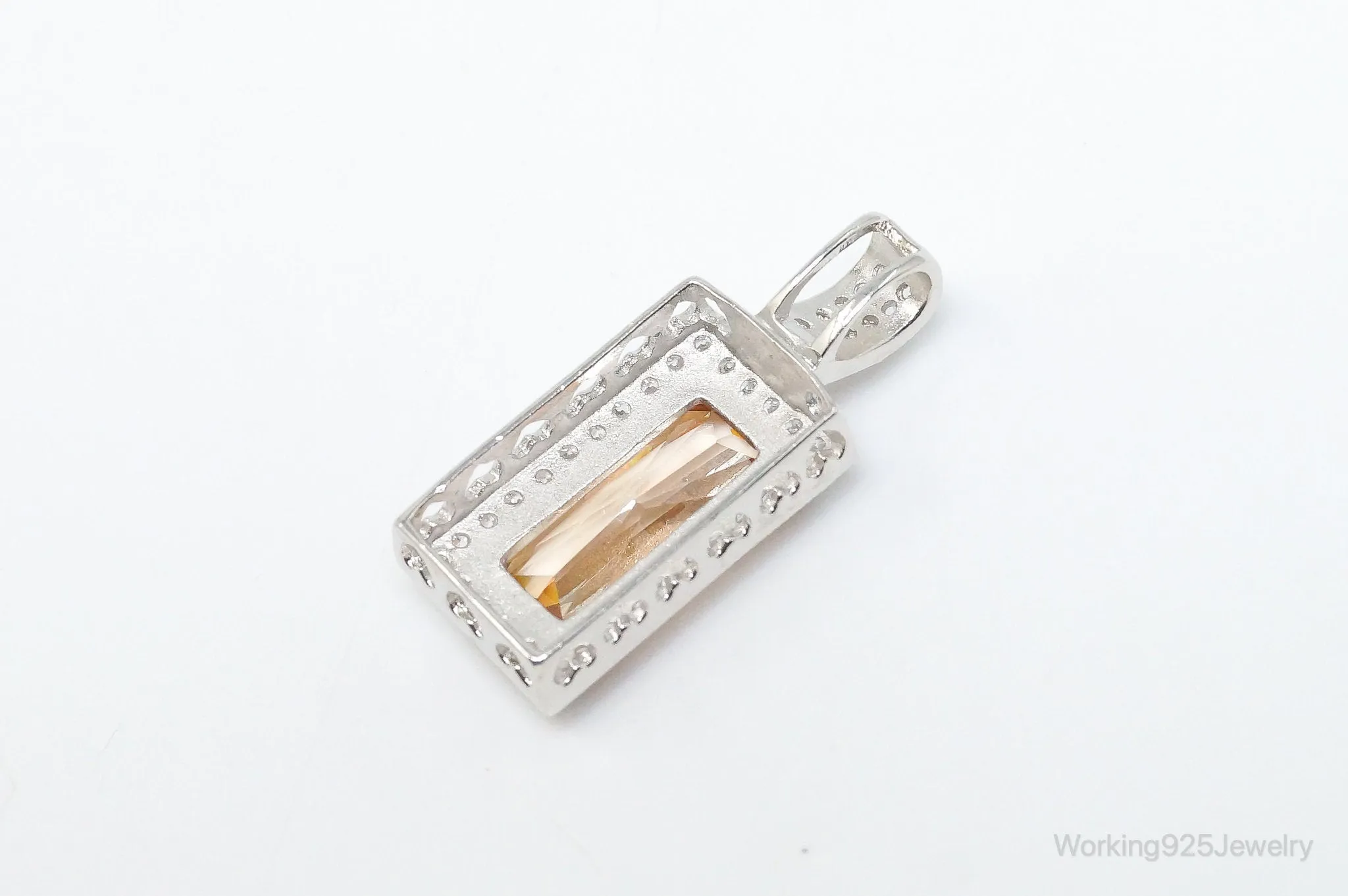 Large Vintage Art Deco Citrine Cubic Zirconia Sterling Silver Pendant