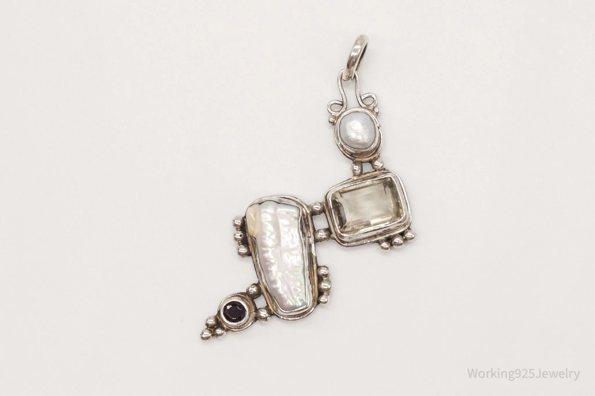 Large Vintage Pearl Citrine Garnet Sterling Silver Pendant