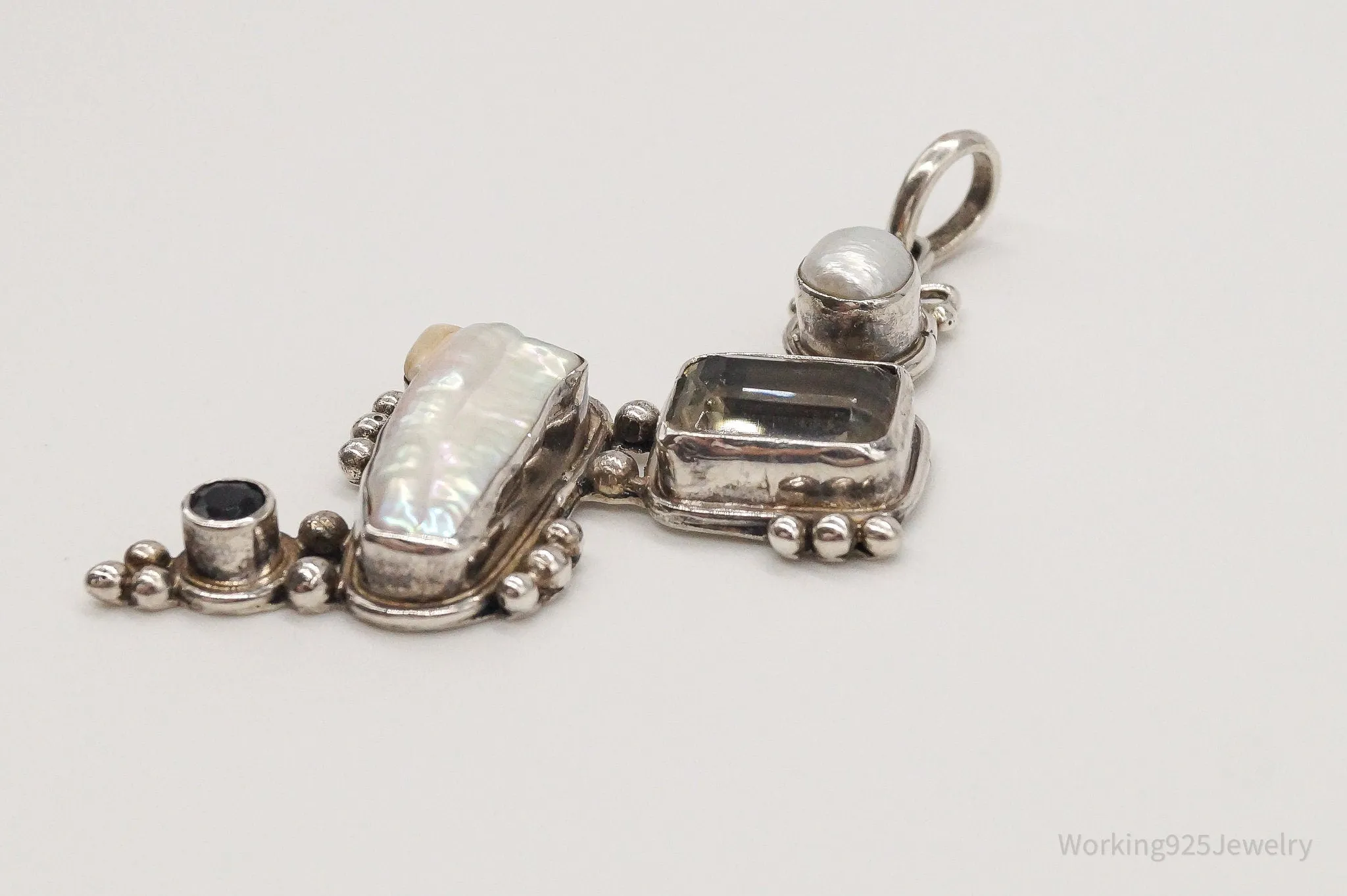 Large Vintage Pearl Citrine Garnet Sterling Silver Pendant