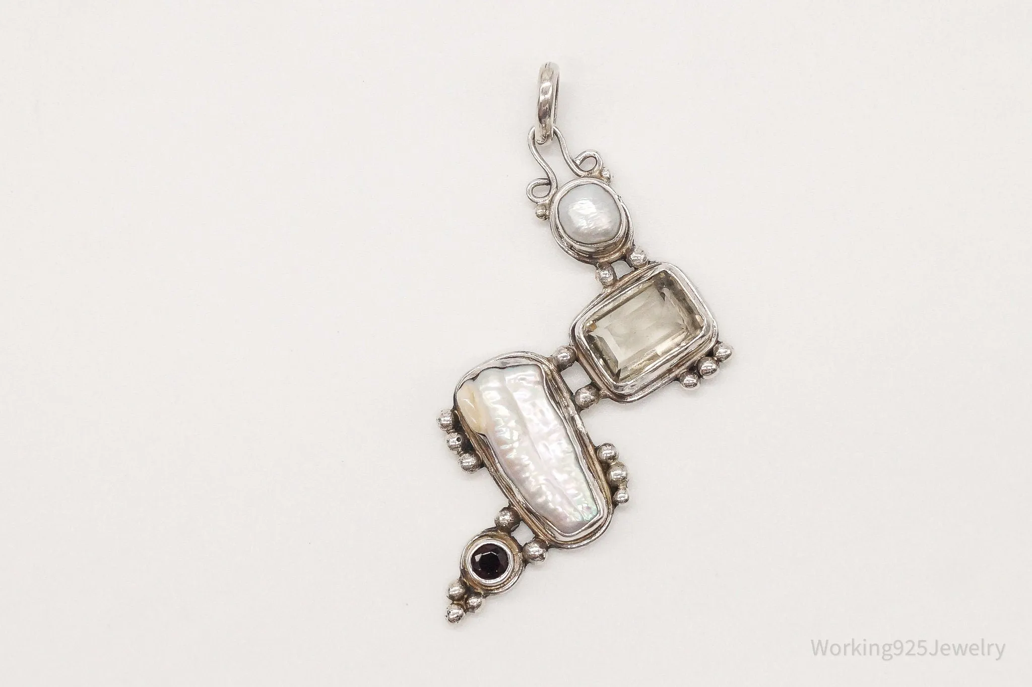 Large Vintage Pearl Citrine Garnet Sterling Silver Pendant