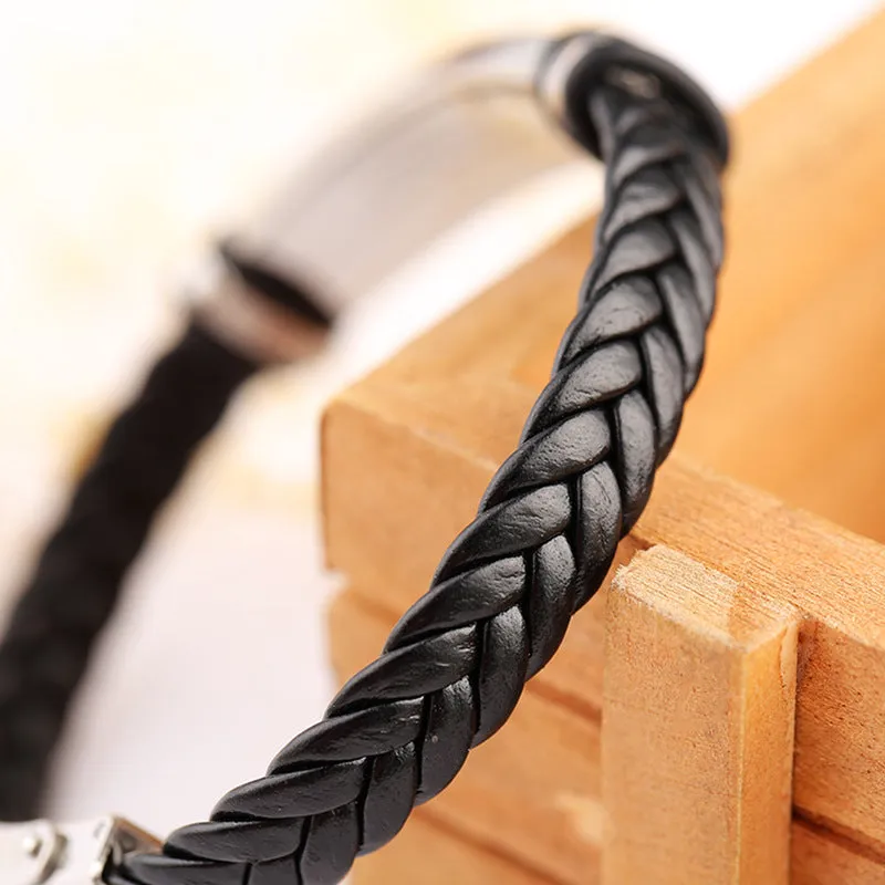 Leather braided titanium steel bracelet