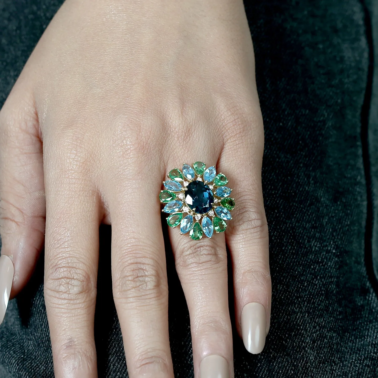 Marquise Topaz Tsavorite Diamond Diamond Cluster Cocktail Ring In 18k Gold