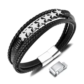 Men's Braided Leather Bracelet with Stainless Steel Star Accents – Sleek, Modern Design with Magnetic Clasp