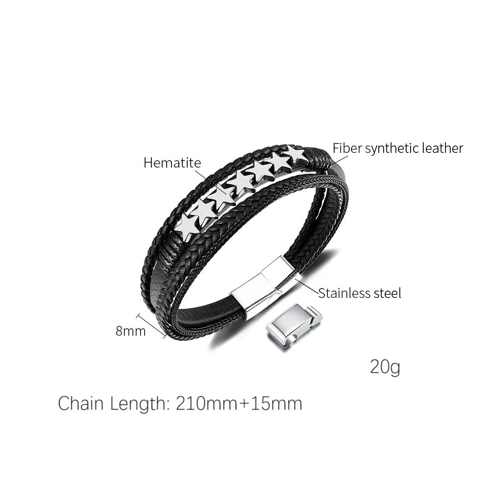 Men's Braided Leather Bracelet with Stainless Steel Star Accents – Sleek, Modern Design with Magnetic Clasp