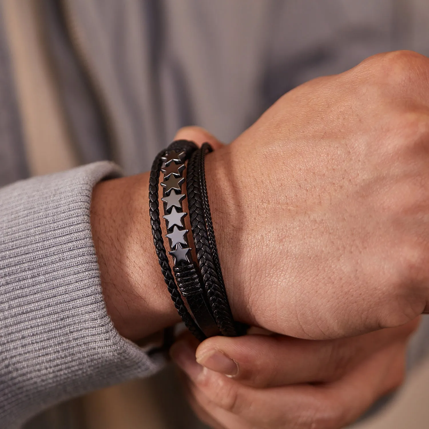 Men's Braided Leather Bracelet with Stainless Steel Star Accents – Sleek, Modern Design with Magnetic Clasp