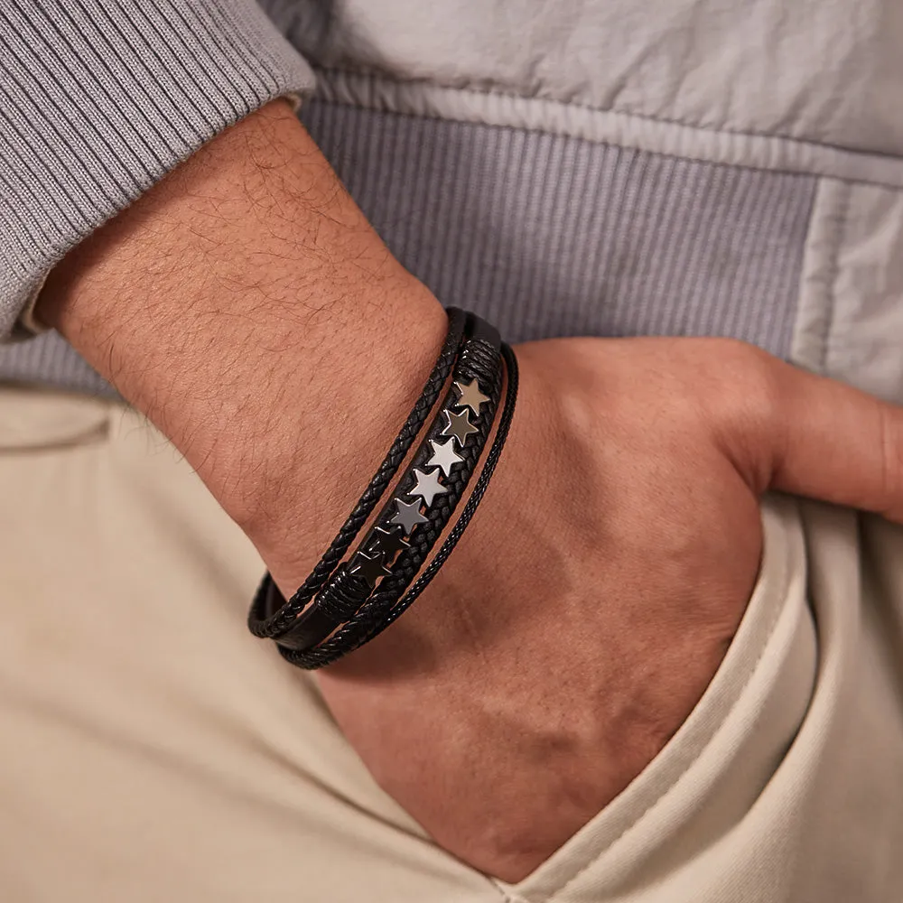 Men's Braided Leather Bracelet with Stainless Steel Star Accents – Sleek, Modern Design with Magnetic Clasp