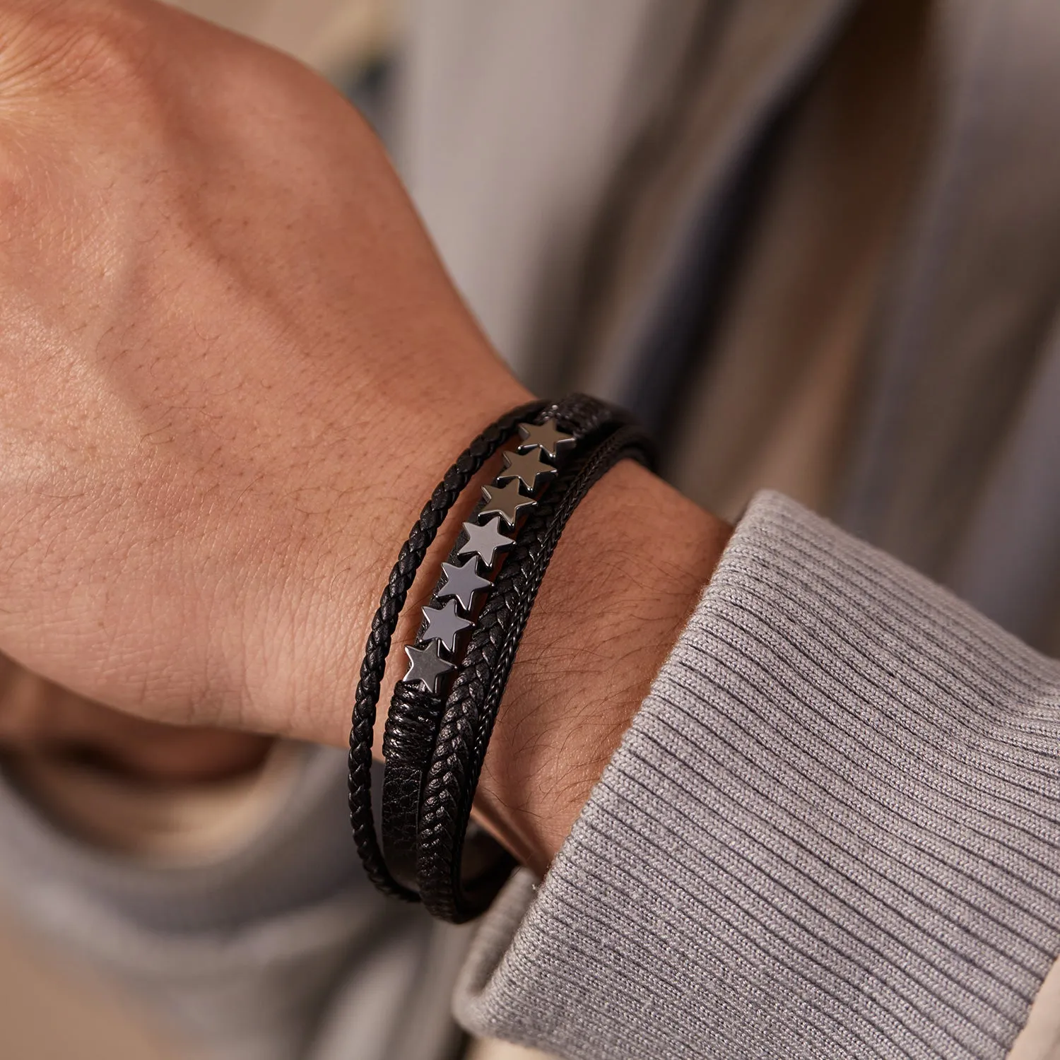 Men's Braided Leather Bracelet with Stainless Steel Star Accents – Sleek, Modern Design with Magnetic Clasp