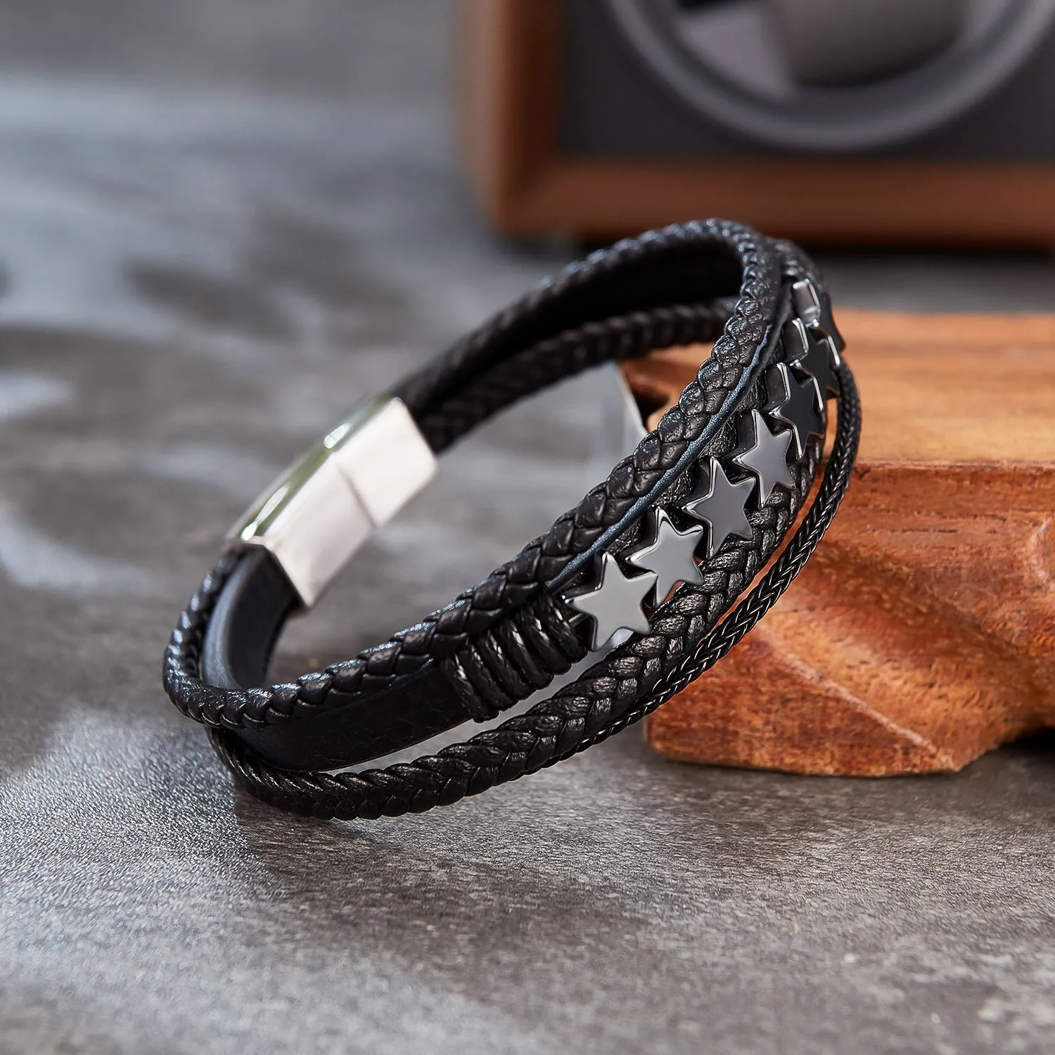 Men's Braided Leather Bracelet with Stainless Steel Star Accents – Sleek, Modern Design with Magnetic Clasp