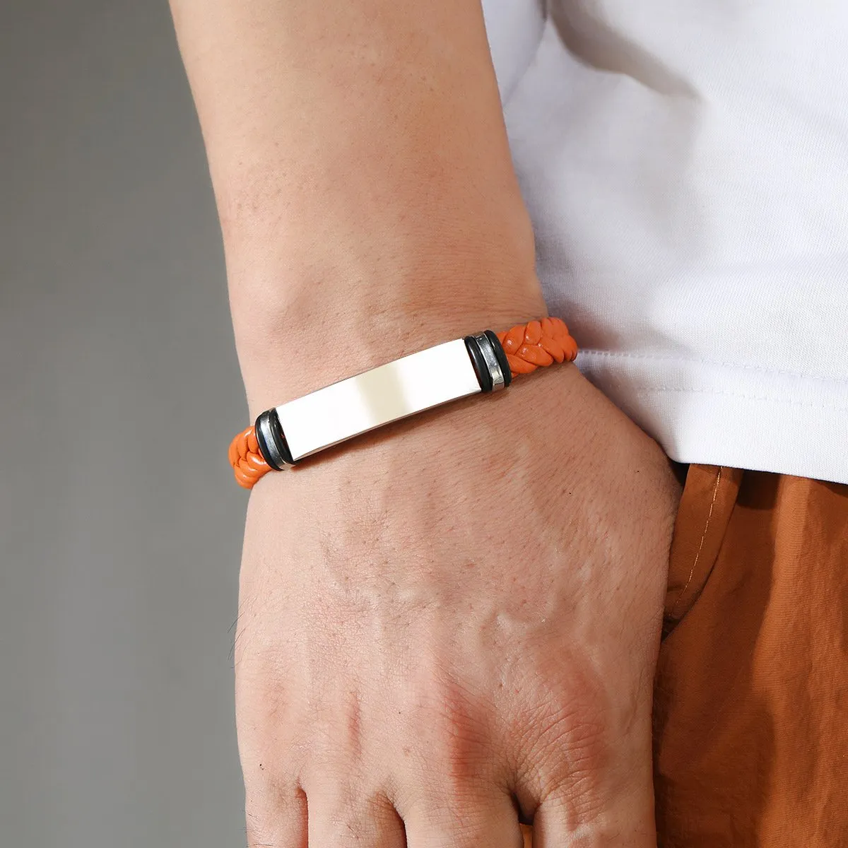 Men's Casual Leather Braided Titanium Steel Leather Bracelet 62134799YM