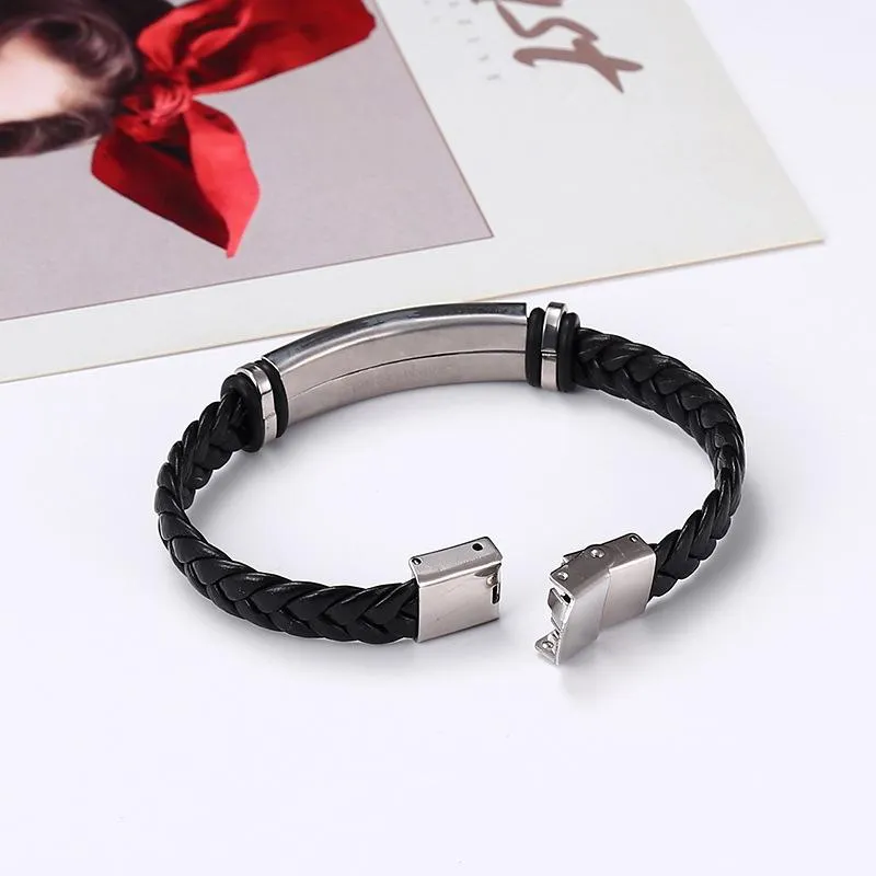 Men's Casual Leather Braided Titanium Steel Leather Bracelet 62134799YM