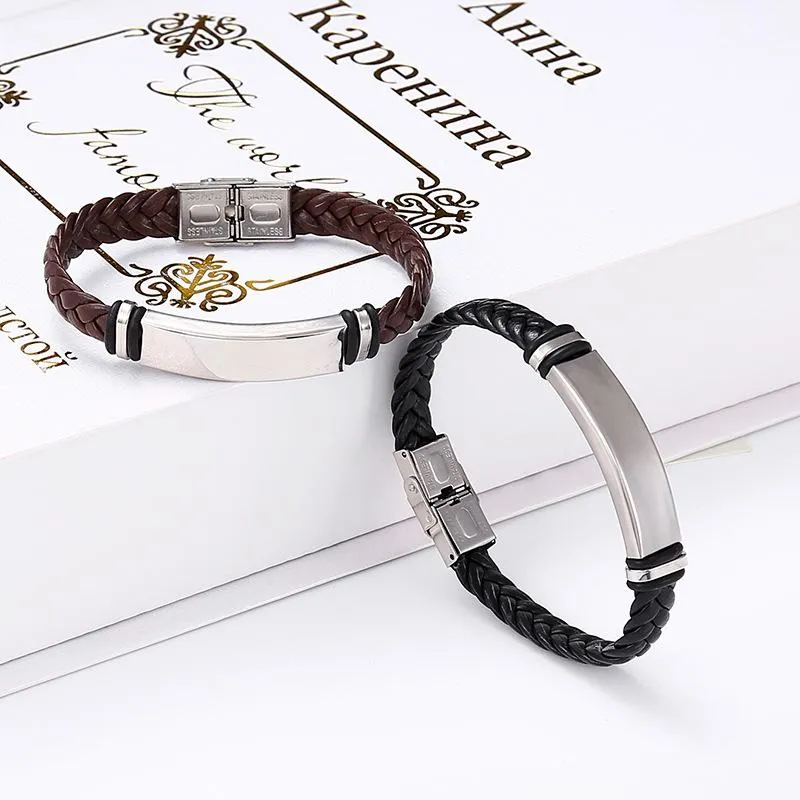 Men's Casual Leather Braided Titanium Steel Leather Bracelet 62134799YM