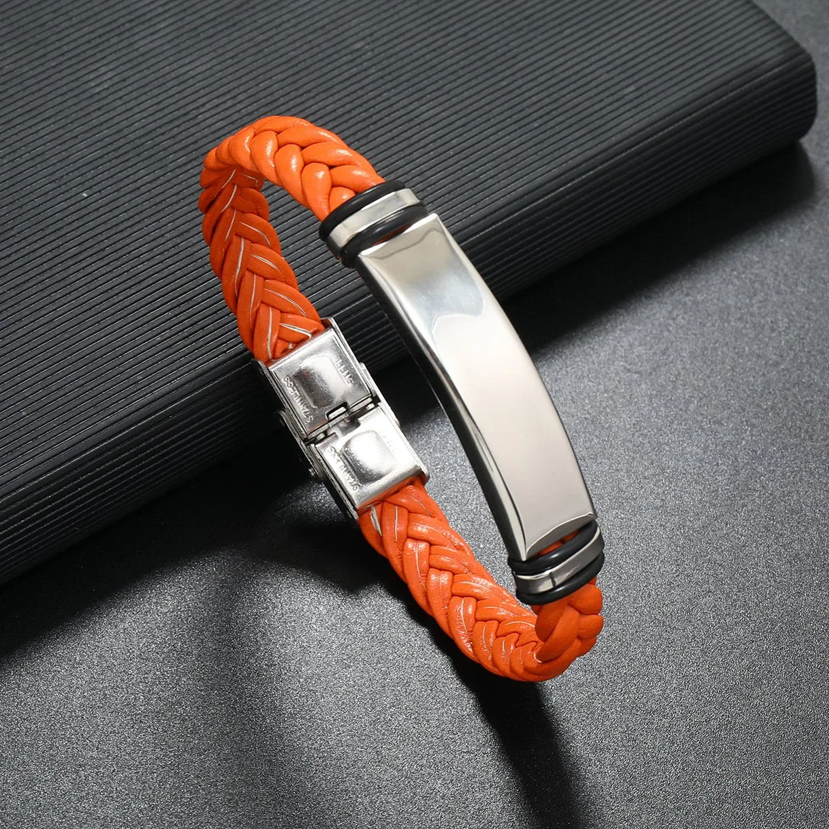 Men's Casual Leather Braided Titanium Steel Leather Bracelet 62134799YM