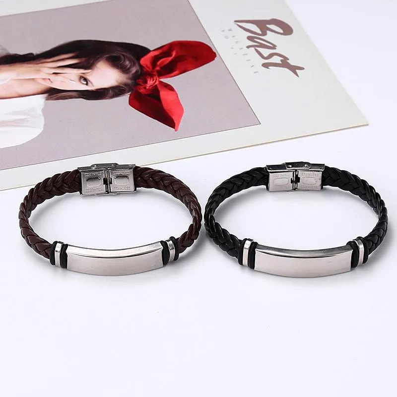 Men's Casual Leather Braided Titanium Steel Leather Bracelet 62134799YM