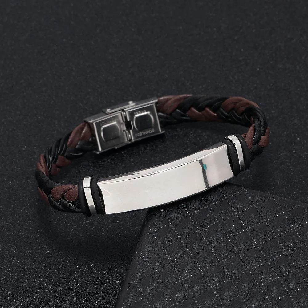 Men's Casual Leather Braided Titanium Steel Leather Bracelet 62134799YM