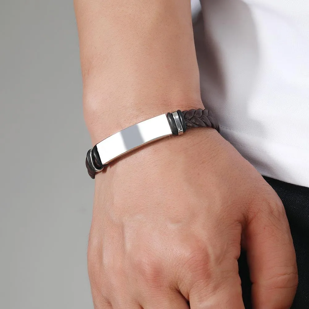 Men's Casual Leather Braided Titanium Steel Leather Bracelet 62134799YM