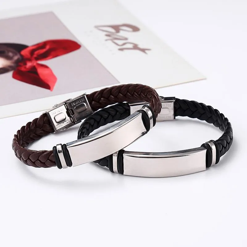 Men's Casual Leather Braided Titanium Steel Leather Bracelet 62134799YM