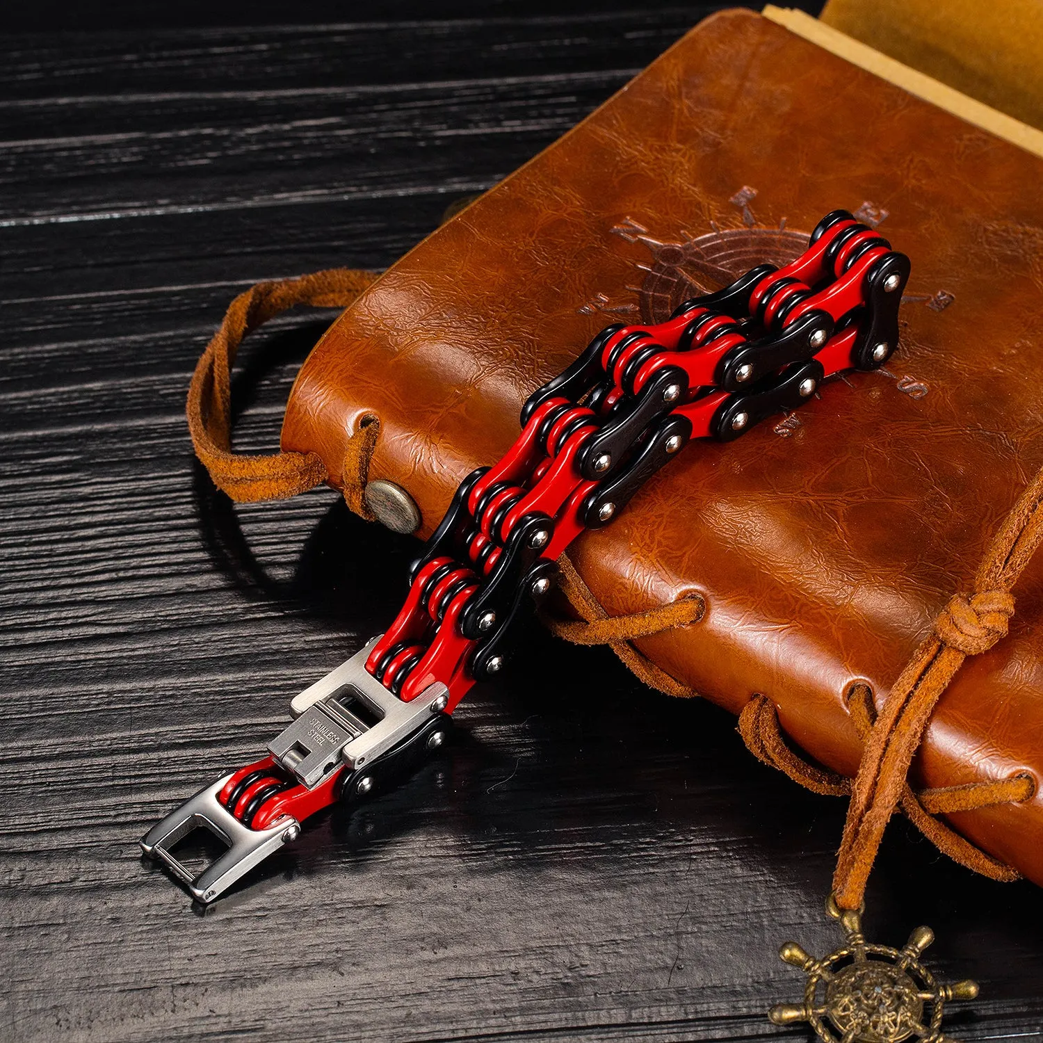 Men's Fashion Black and Red Harley Bike Bracelet
