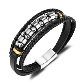 Men's Stylish Leather and Stainless Steel Beaded Bracelet – Secure Magnetic Clasp, Ideal for Daily Wear