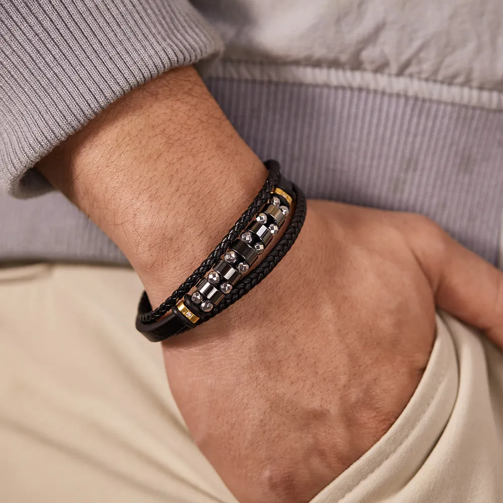 Men's Stylish Leather and Stainless Steel Beaded Bracelet – Secure Magnetic Clasp, Ideal for Daily Wear