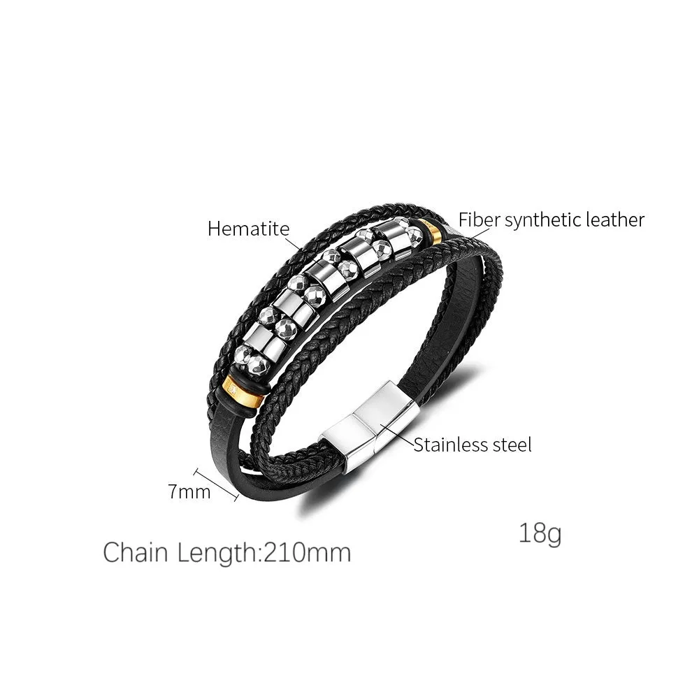 Men's Stylish Leather and Stainless Steel Beaded Bracelet – Secure Magnetic Clasp, Ideal for Daily Wear