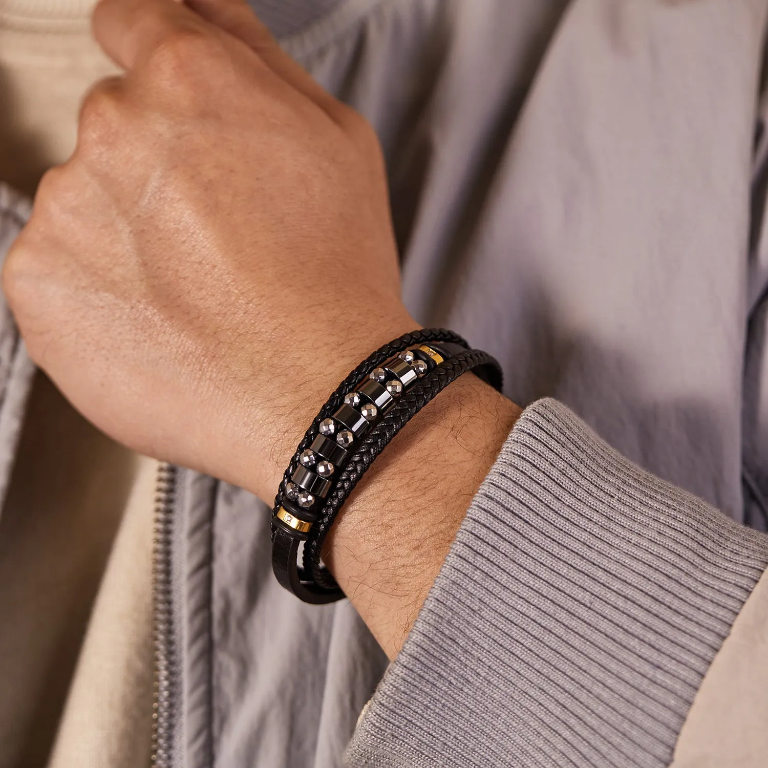 Men's Stylish Leather and Stainless Steel Beaded Bracelet – Secure Magnetic Clasp, Ideal for Daily Wear