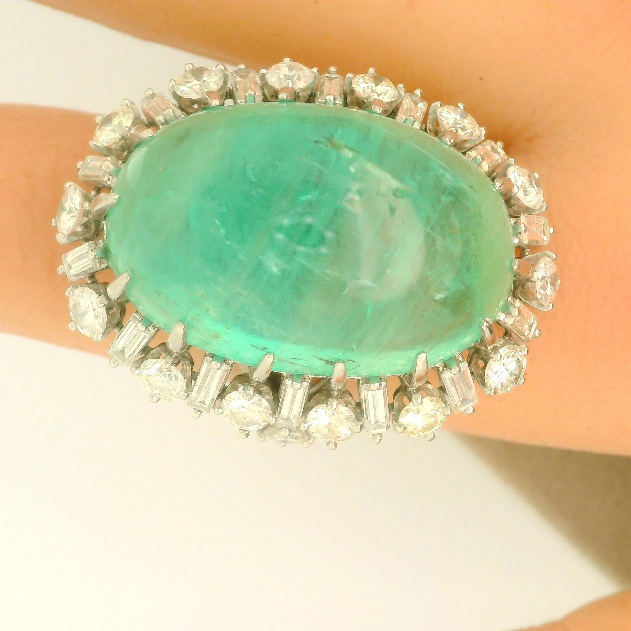 Mid-Century Russian Emerald Diamond Platinum Cocktail Ring, GIA Certified