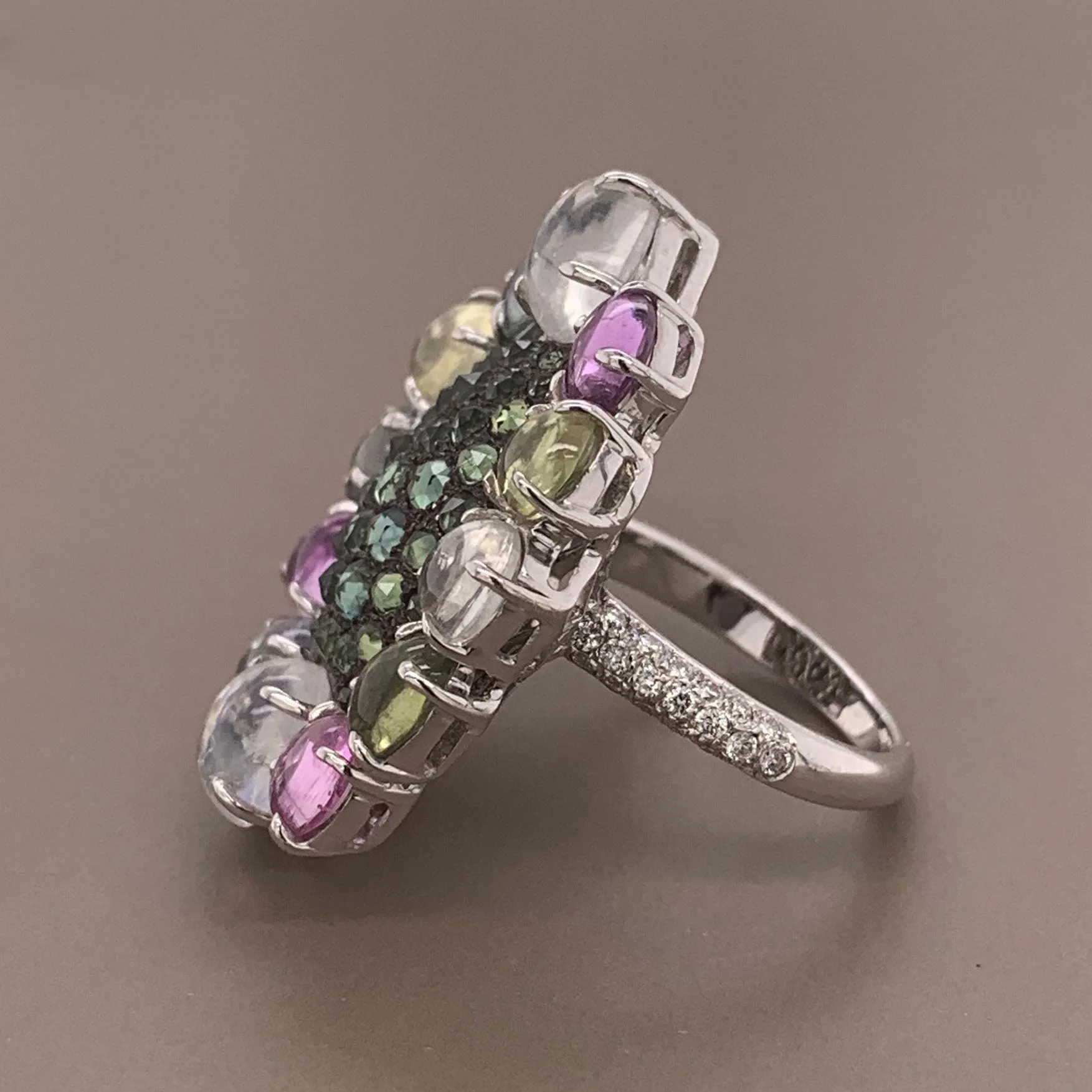Modern Diamond Sapphire Moonstone Gold Cocktail Ring